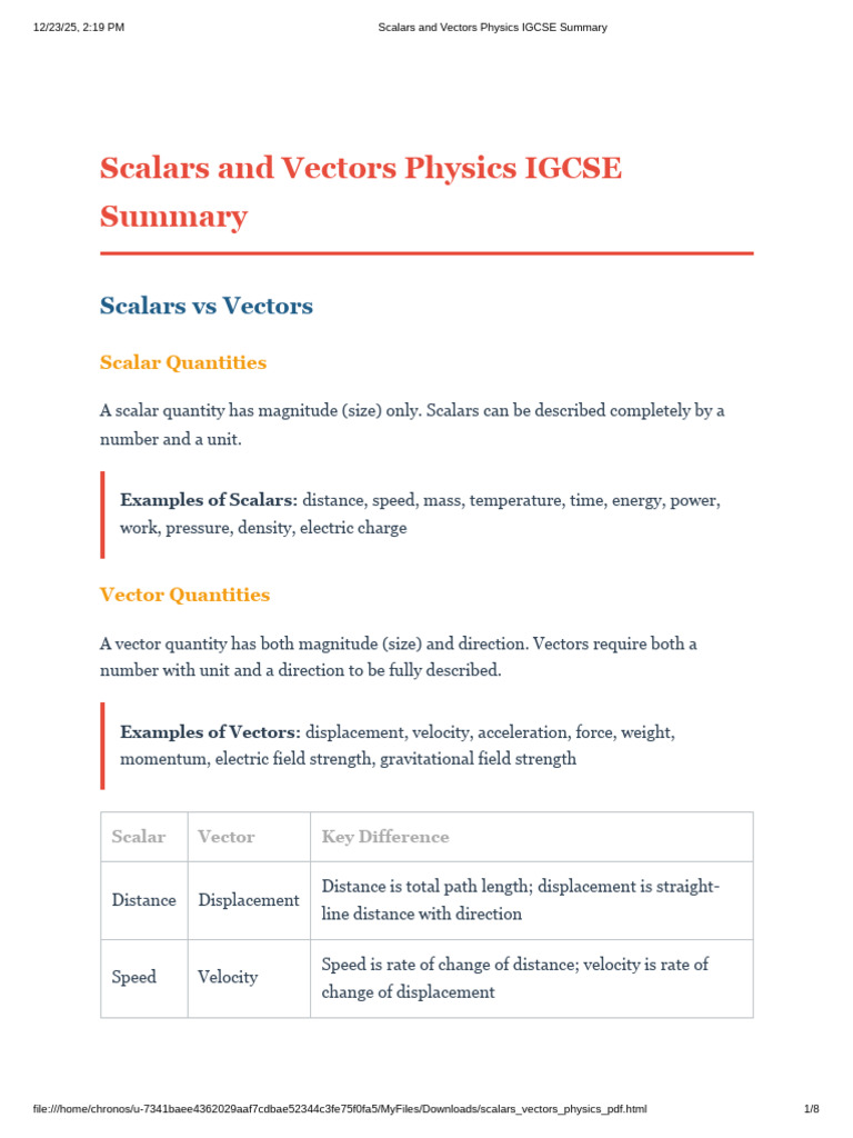 Scalars and Vectors Physics IGCSE Summary | PDF | Euclidean Vector ...
