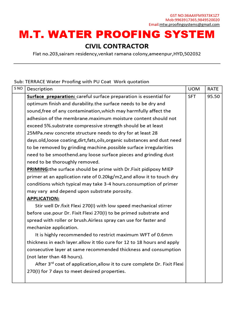 Terrace Waterproofing Quotation Details | PDF | Secondary Sector Of The ...
