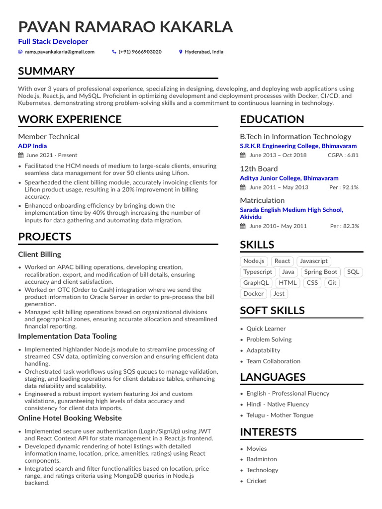 Full Stack Developer Resume - Pavan Kakarla | PDF