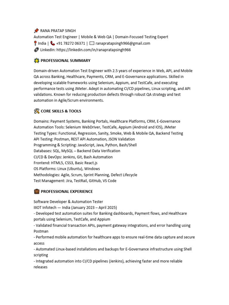 Rana Pratap Singh Automation Testing Resume | PDF | Selenium (Software ...