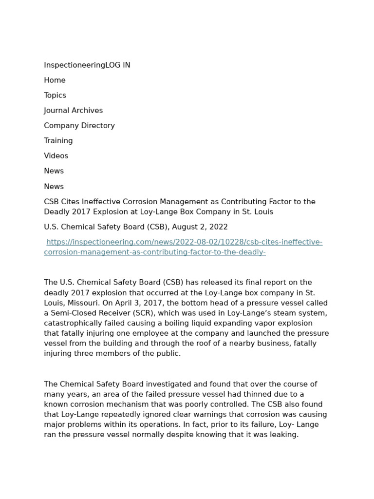 CSB Report: Loy-Lange Explosion Causes | PDF | Safety | Corrosion