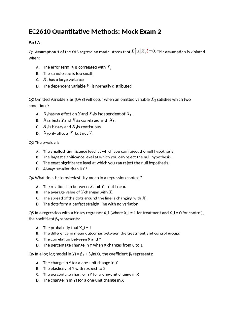 EC2610 Mock Exam 2 Solutions Guide | PDF | F Test | Regression Analysis