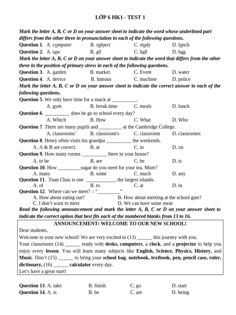 Grade 6 English Test 1 Questions | PDF | Underwater Diving