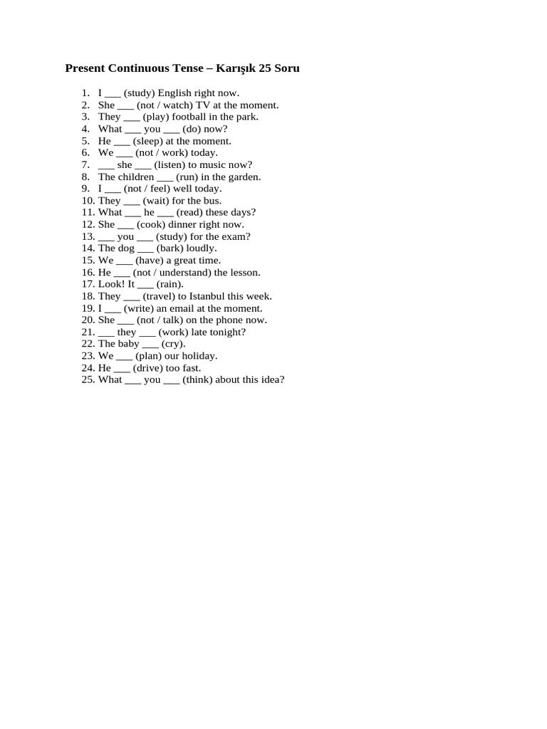 Present Continuous Tense Quiz: 25 Questions | PDF