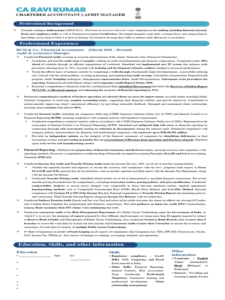 Resume CA RAVI KUMAR 1719626249 | PDF | Audit | Internal Control