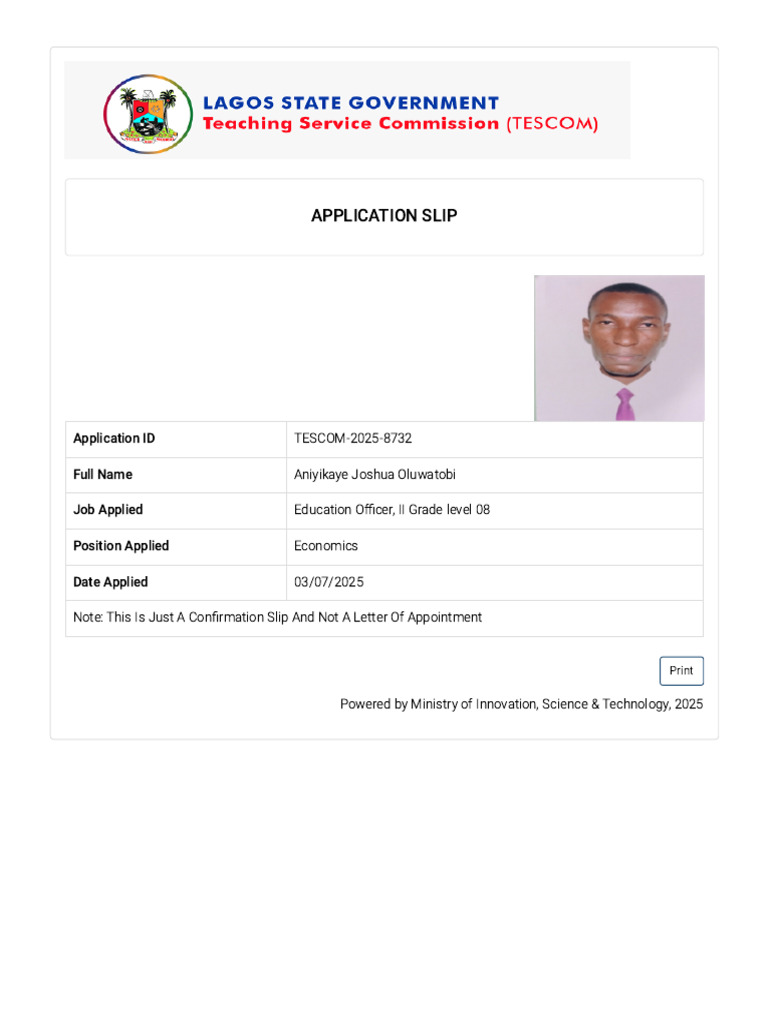 TESCOM Application Slip for Education Officer | PDF
