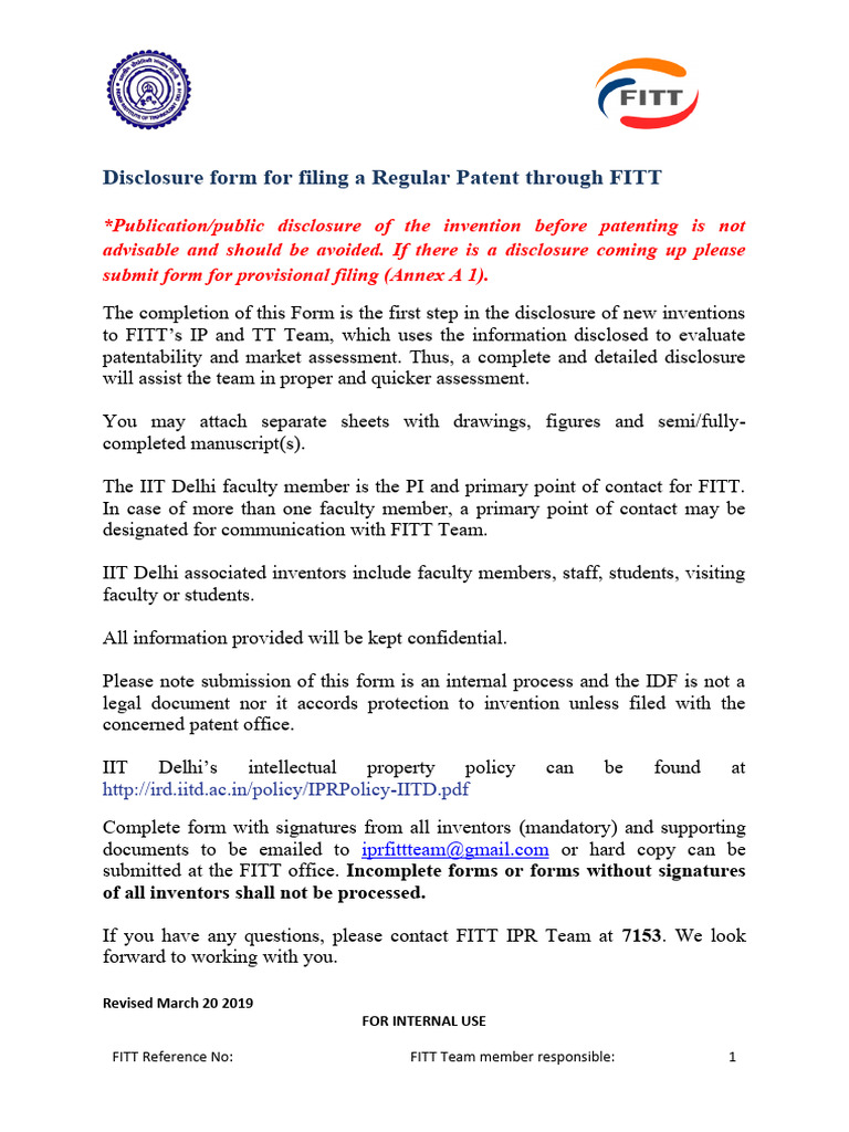 IIT Delhi Patent Disclosure Form | PDF | Patent | Invention