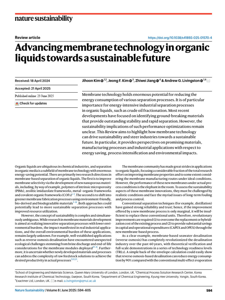 Advancing Membrane Technology in Organic Liquids Towards A Sustainable ...