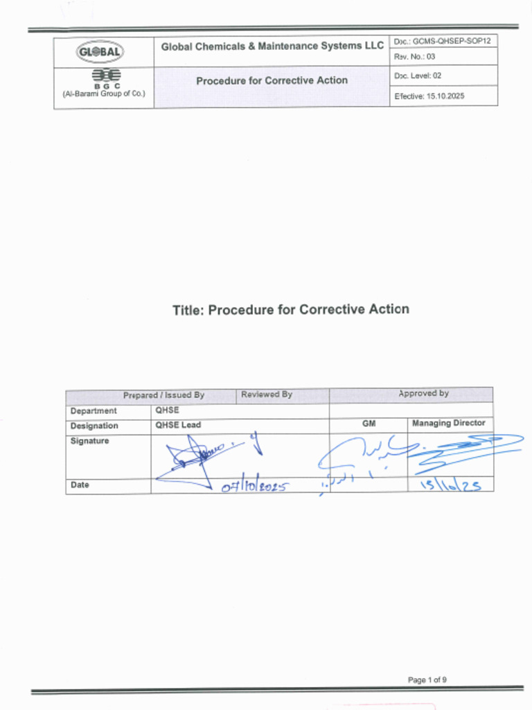 GCMS-QHSE-SOP-12 Procedure For Corrective Action | PDF
