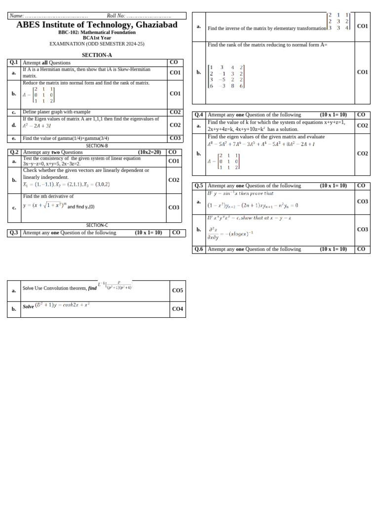 Mathematical Foundations Exam BCA 1st Year | PDF | Matrix (Mathematics ...