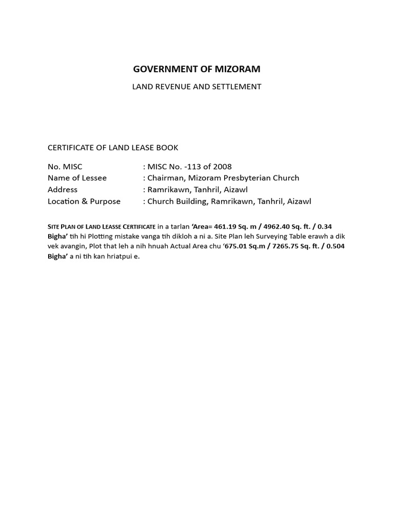 Mizoram Land Lease Certificate Details | PDF
