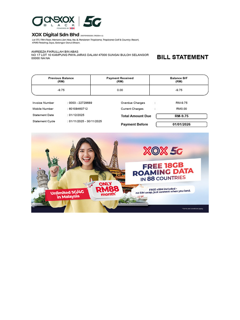 Bill Statement: Previous Balance (RM) Payment Received (RM) Balance B/F ...