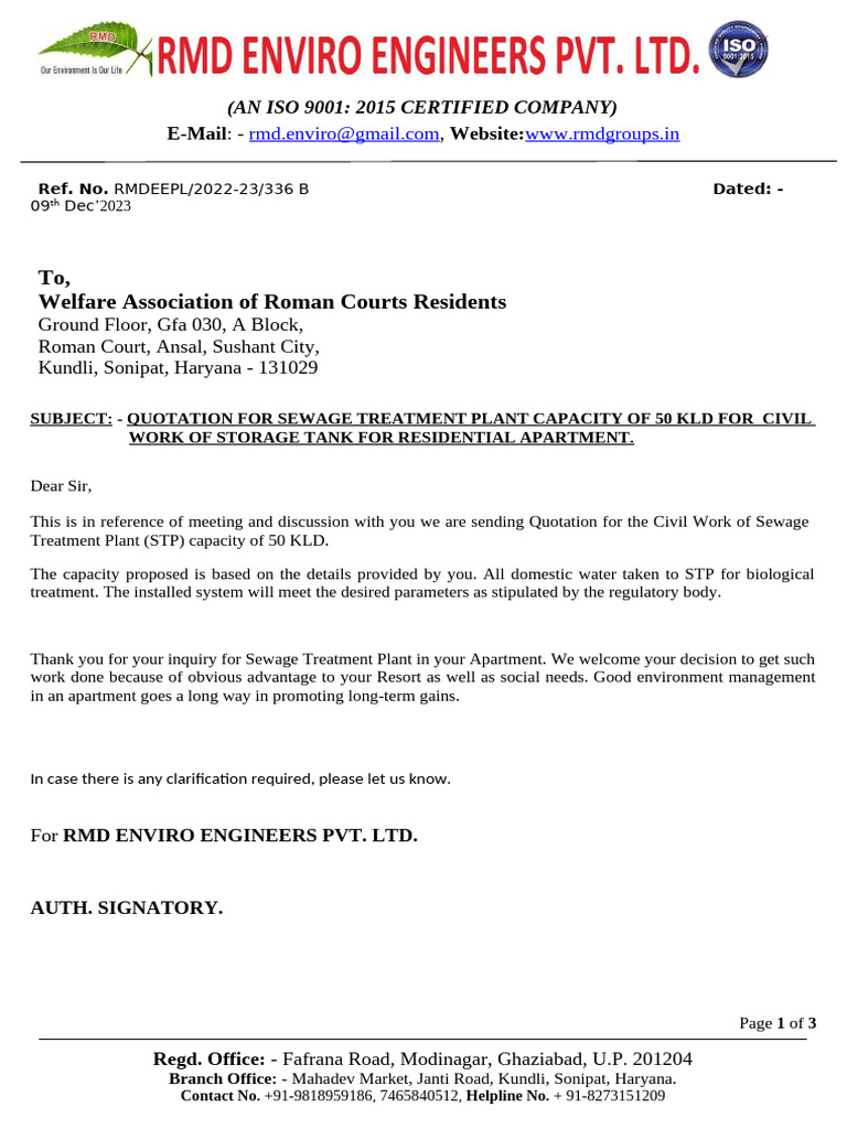 Quotation for 50 KLD STP Civil Work | PDF