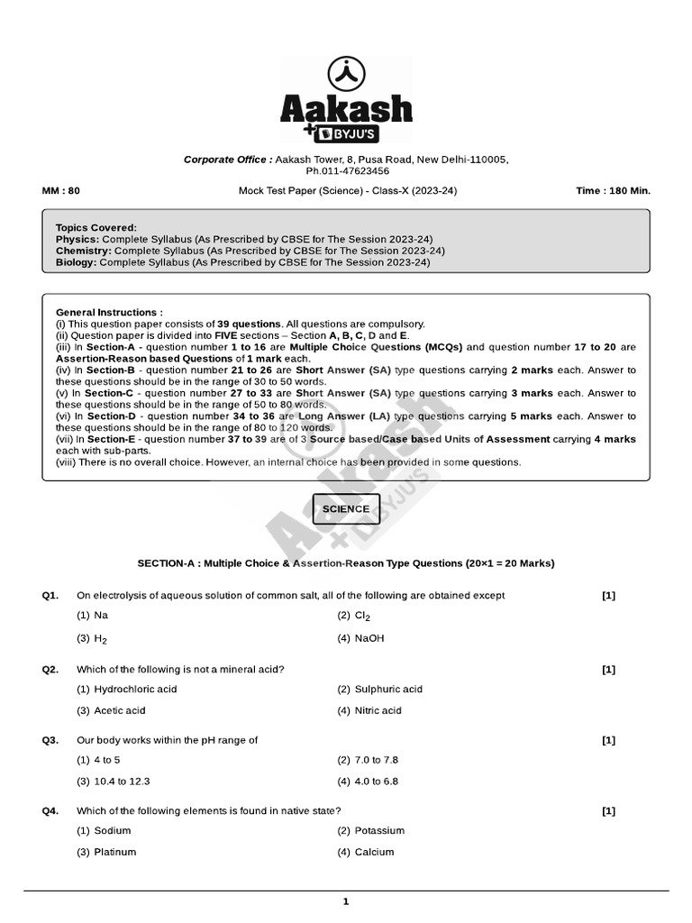 CBSE Mock Test (Class-10) - Science (QP) | PDF