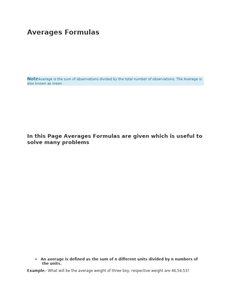Averages Formulas for Aptitude Tests | PDF | Speed | Summation