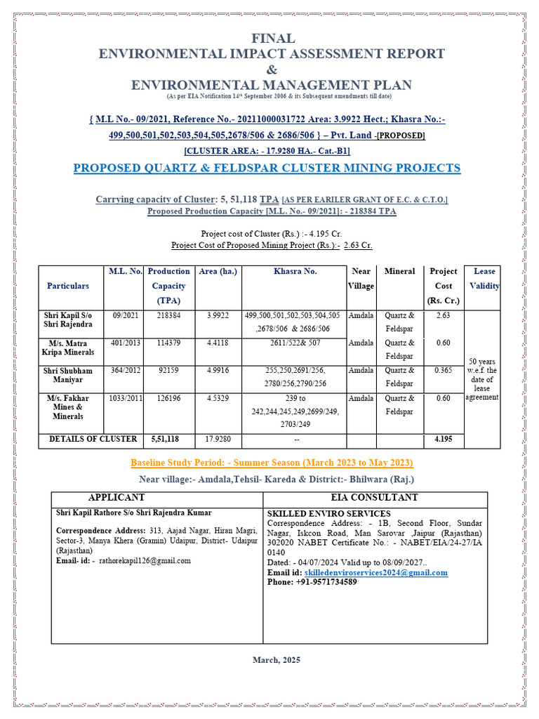 Quartz Feldspar Mining EIA Report | PDF | Environmental Impact ...