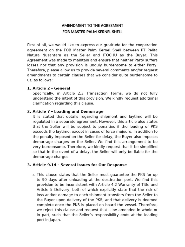 Amendment Request for Palm Kernel Shell Agreement | PDF | Common Law ...