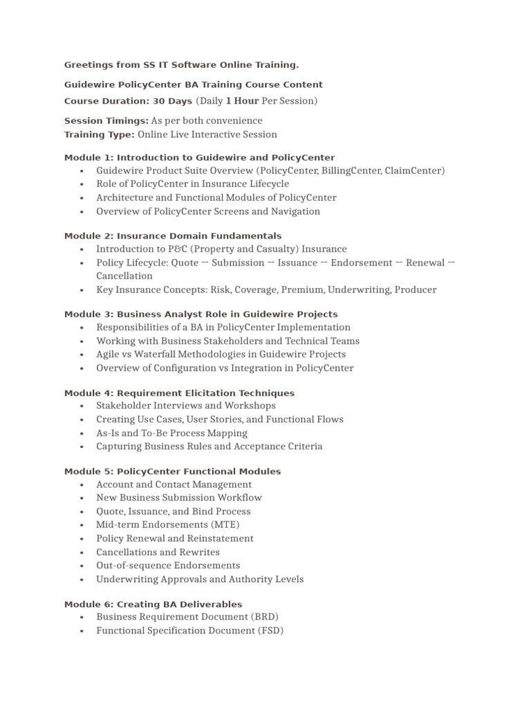 Guidewire PolicyCenter BA Training Course | PDF | Software Development ...