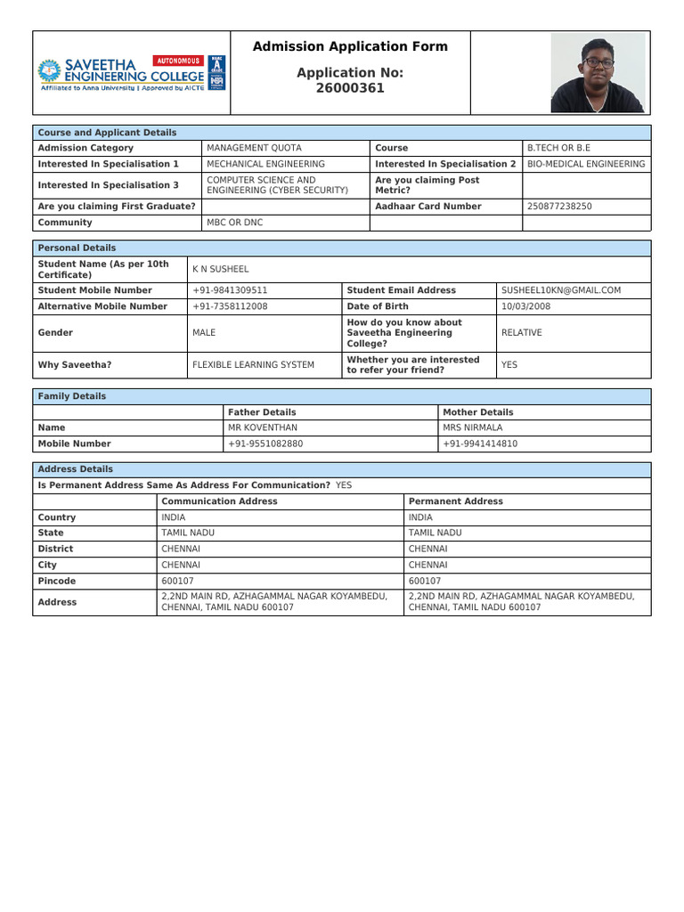 B.Tech Admission Application Form | PDF