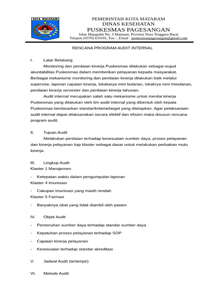 Rencana Audit Internal Puskesmas Mataram | PDF
