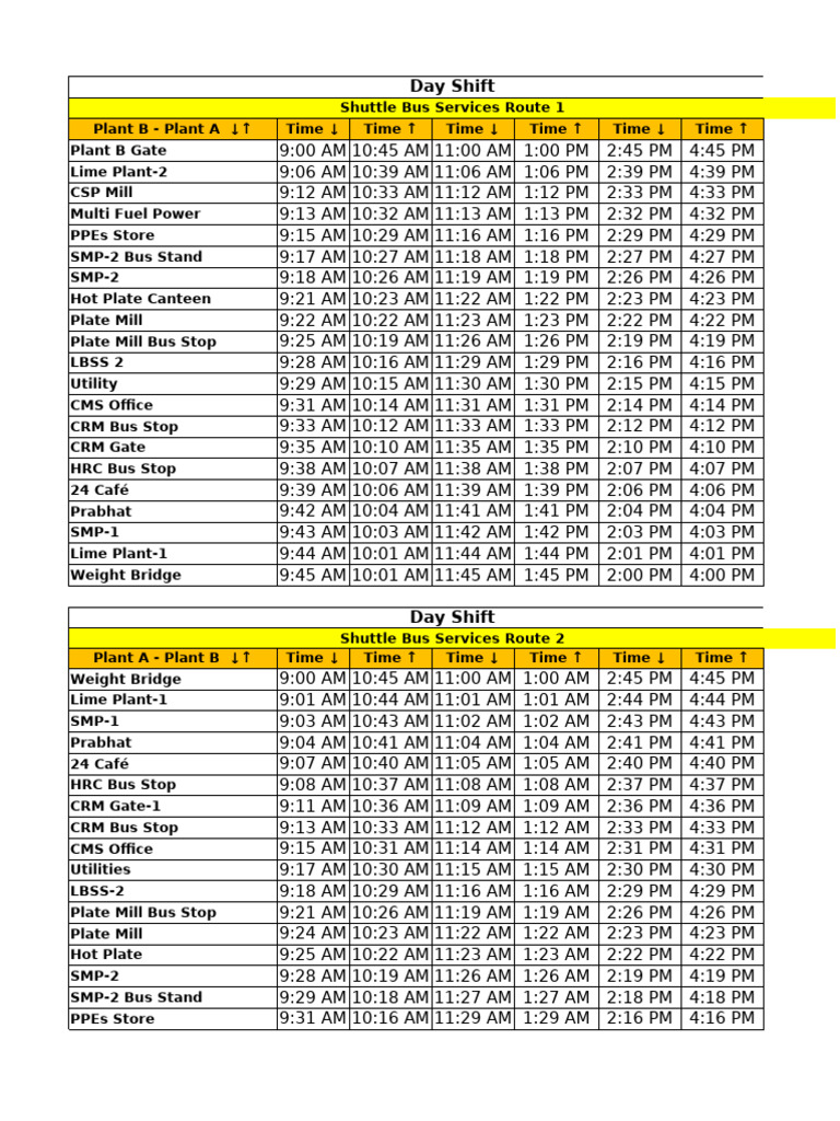Day Shift Shuttle Bus Schedule | PDF | Bus Transport | Public Transport