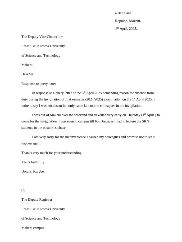 Response to Absence Query Letter | PDF