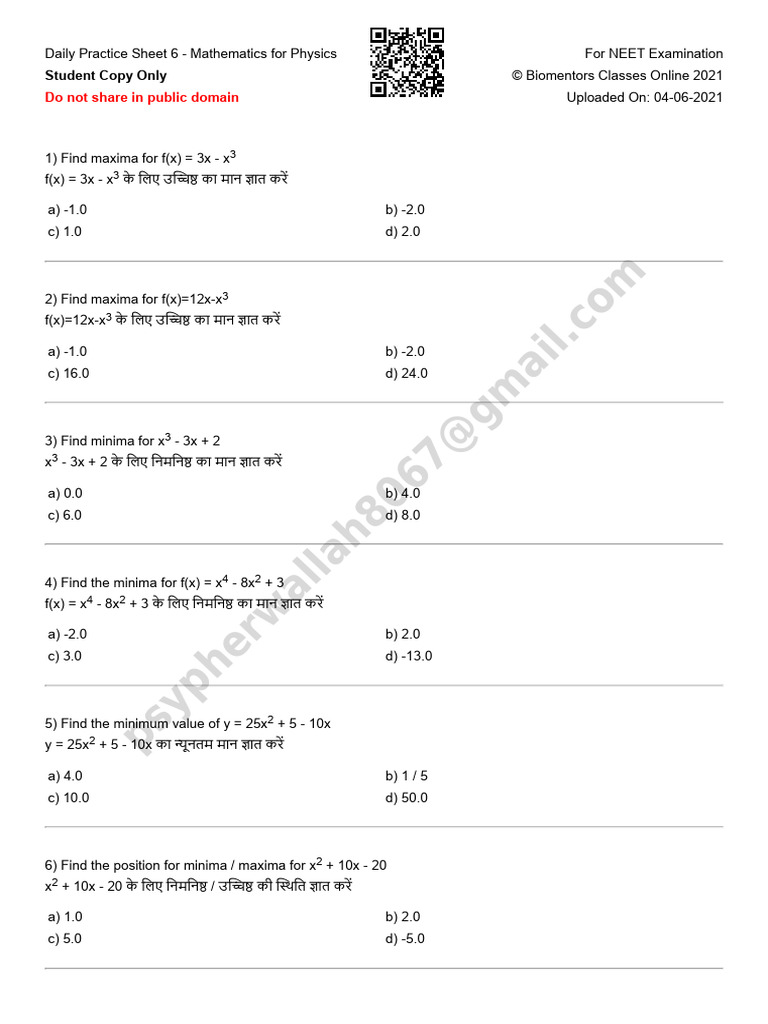 Maxima and Minima Practice Sheet | PDF | Mathematics Of Computing ...