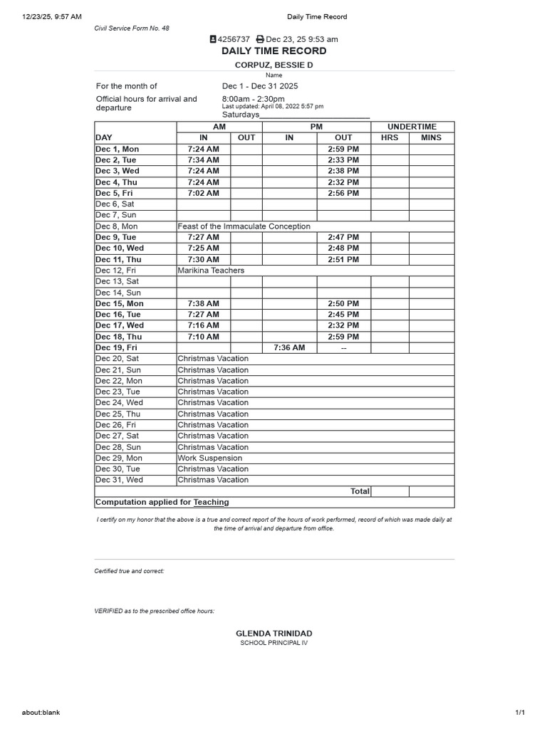 Daily Time Record - CORPUZ | PDF