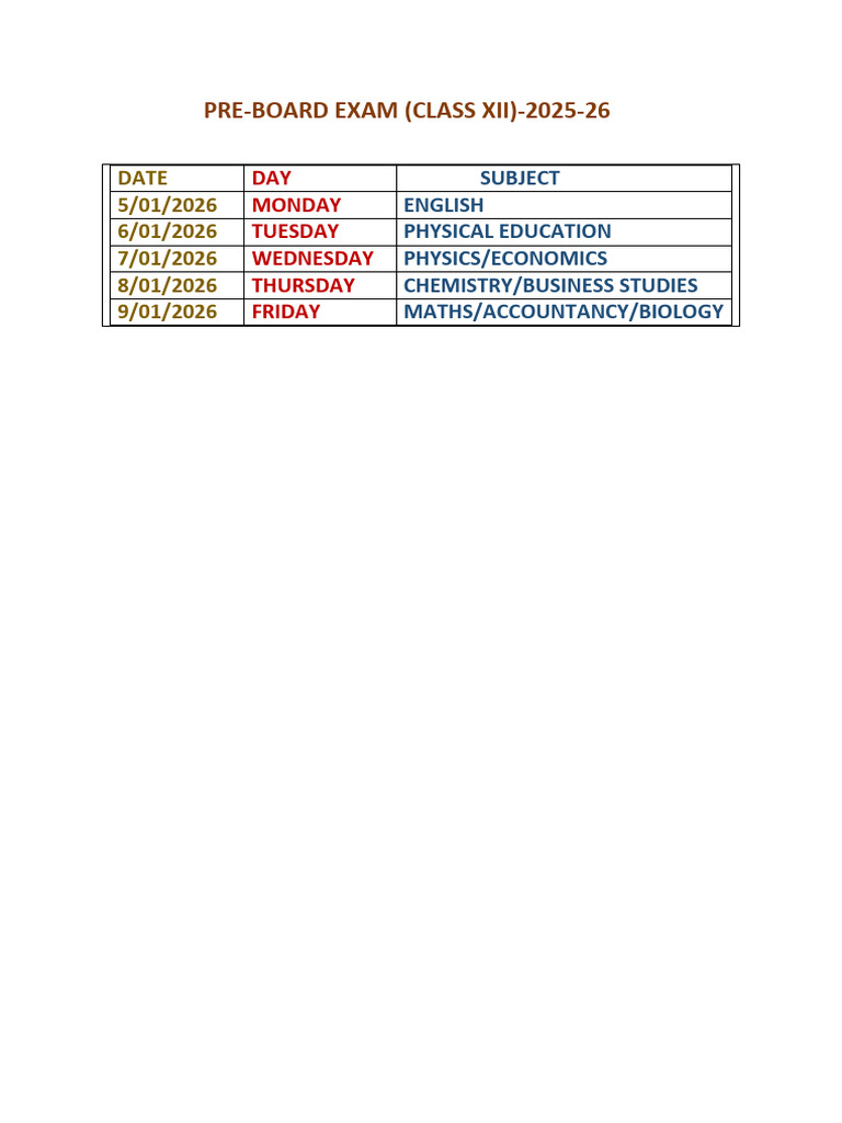 Class XII Pre-Board Exam Schedule 2025-26 | PDF