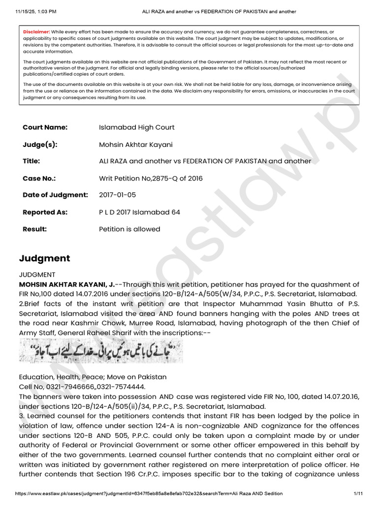 ALI RAZA and Another Vs FEDERATION OF PAKISTAN and Another | PDF ...