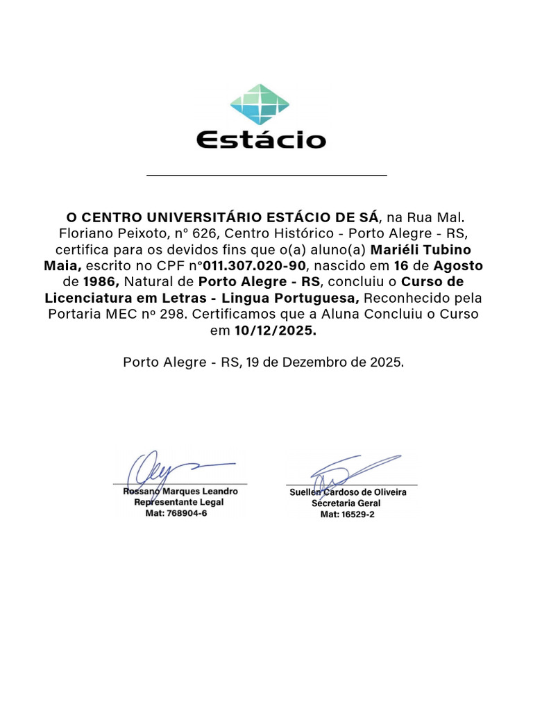 Certidão Mariéli | PDF