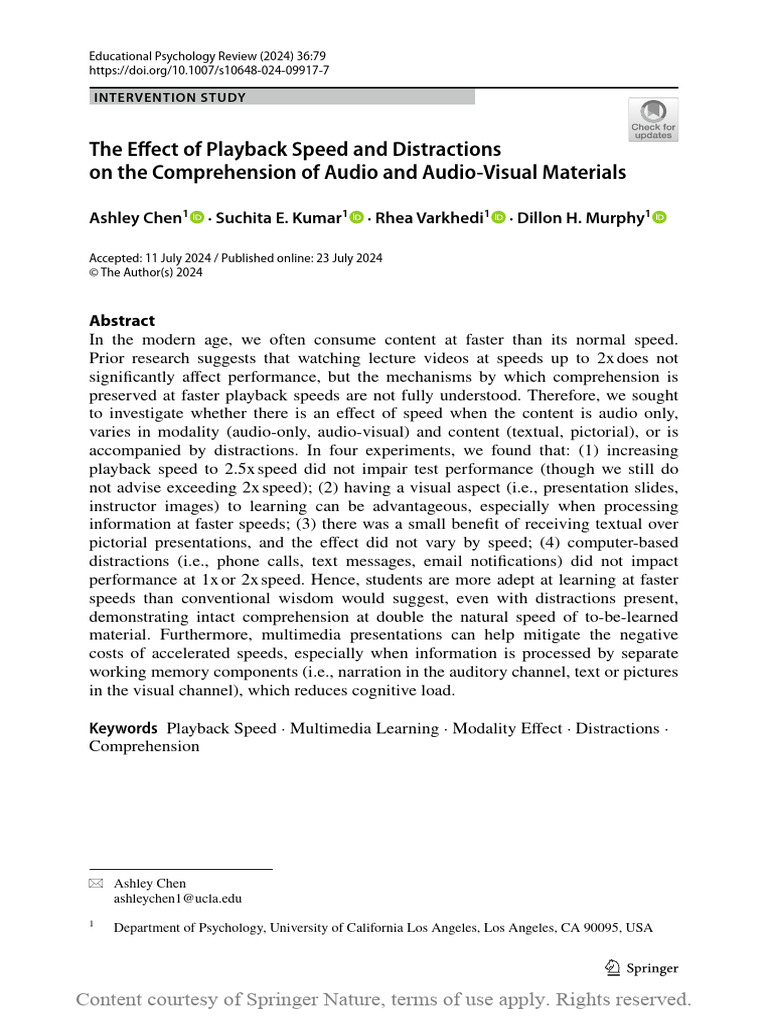 Playback Speed Effects on Learning Comprehension | PDF | Learning | Memory