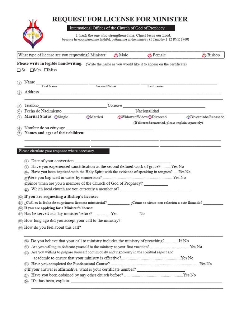 Minister License Application Form | PDF | Baptism | Baptism With The ...