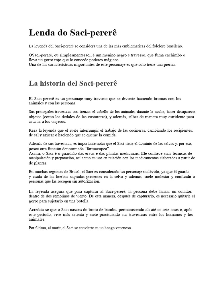 Leyenda del Saci-pererê en Brasil | PDF