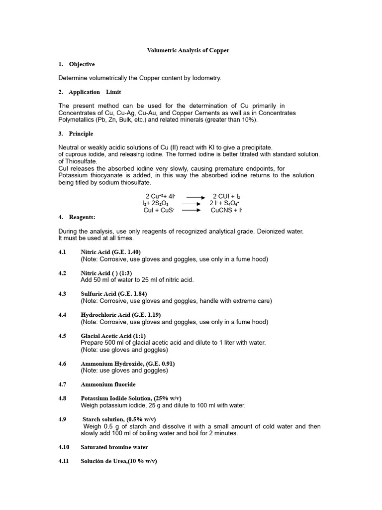 Copper Volumetric Analysis Method | PDF | Titration | Chemistry