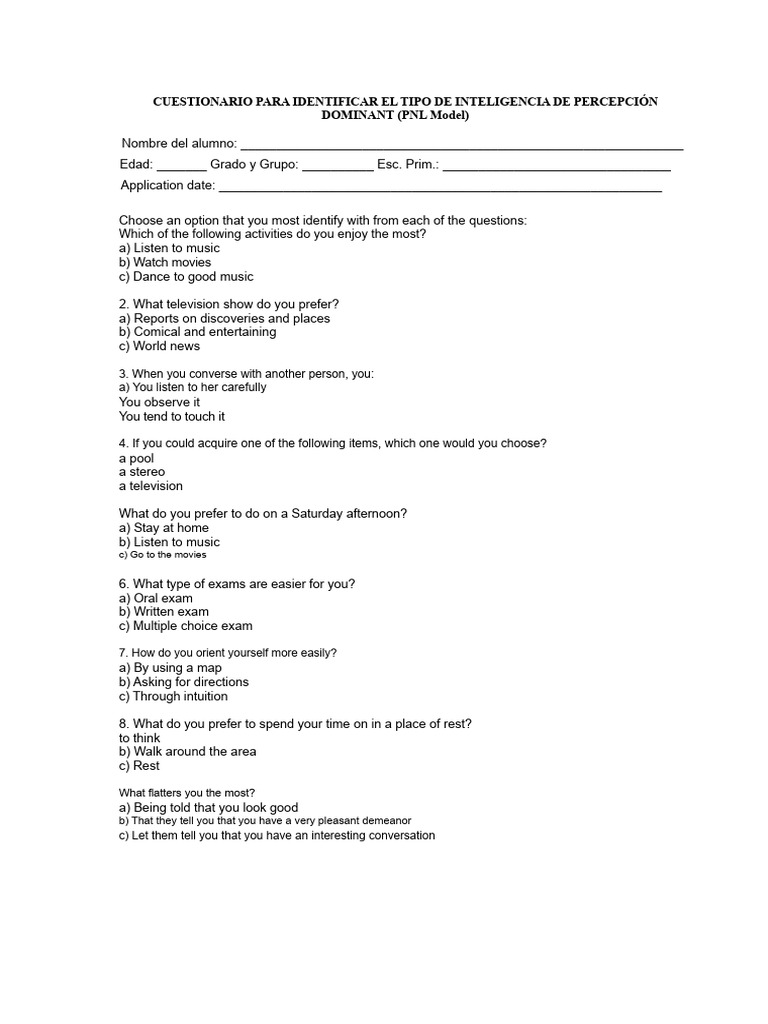 Questionnaire To Identify The Dominant Perception Intelligence Type ...