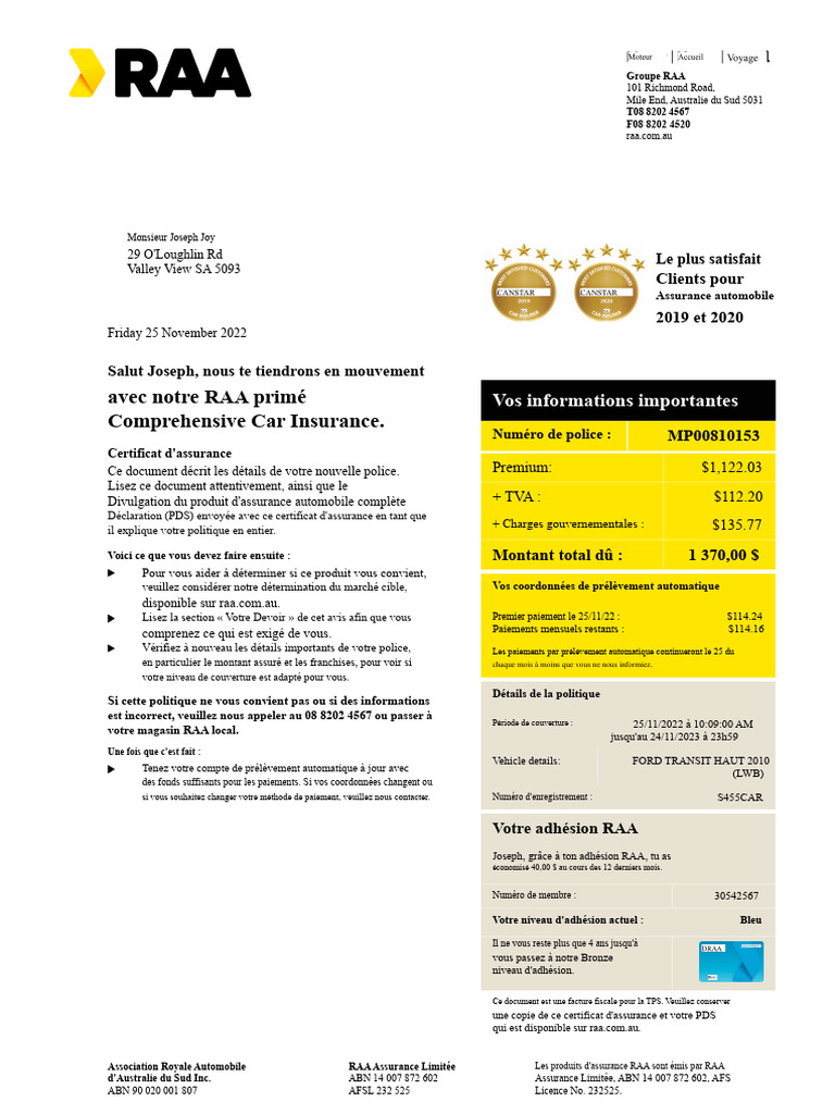 Certificat d'Assurance Automobile RAA | PDF | Assurance