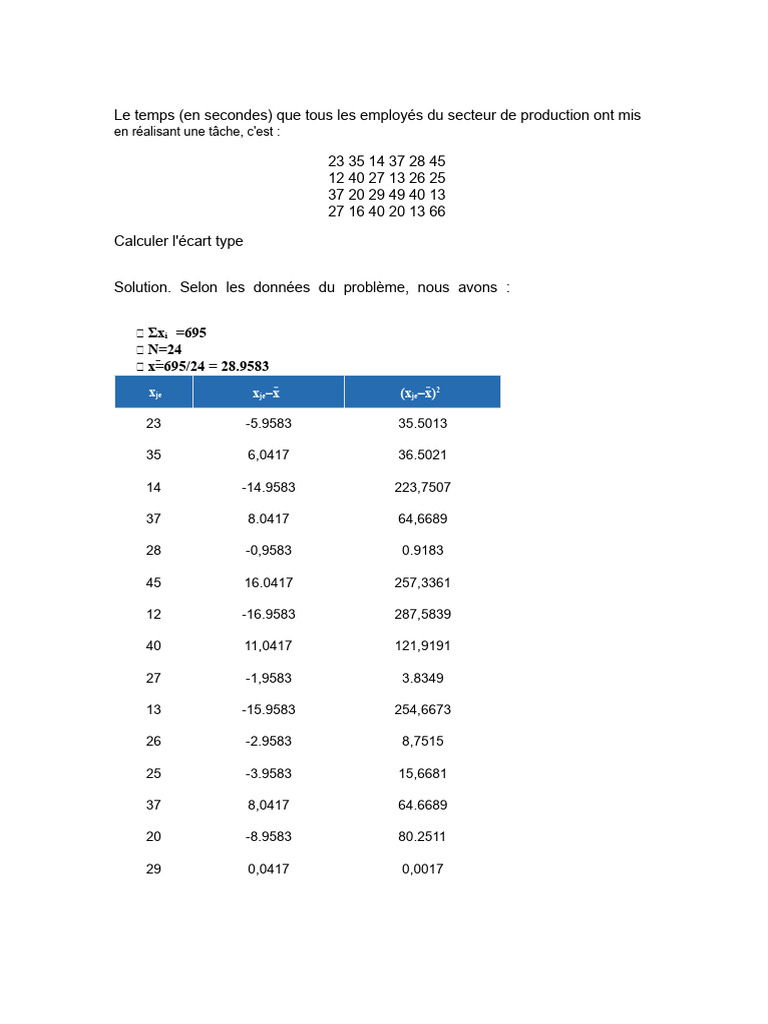 Calcul de l'écart type en production | PDF