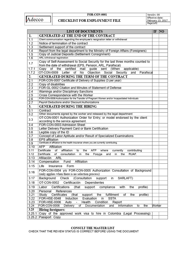 Employment File Checklist Document | PDF | Employment | Travel Visa