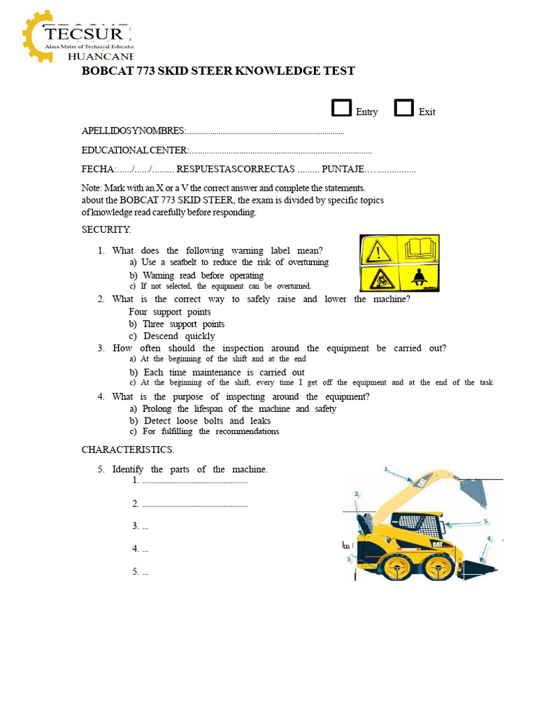 Bobcat 773 Skid Steer Knowledge Test | PDF