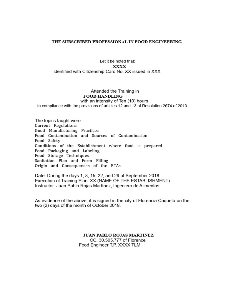 Model Certificate of Training in Food Handling | PDF