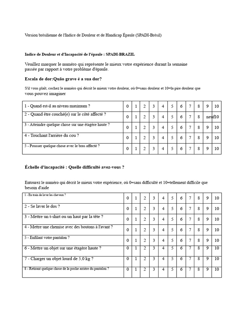 SPADI-Brésil : Évaluation douleur épaule | PDF | Douleur