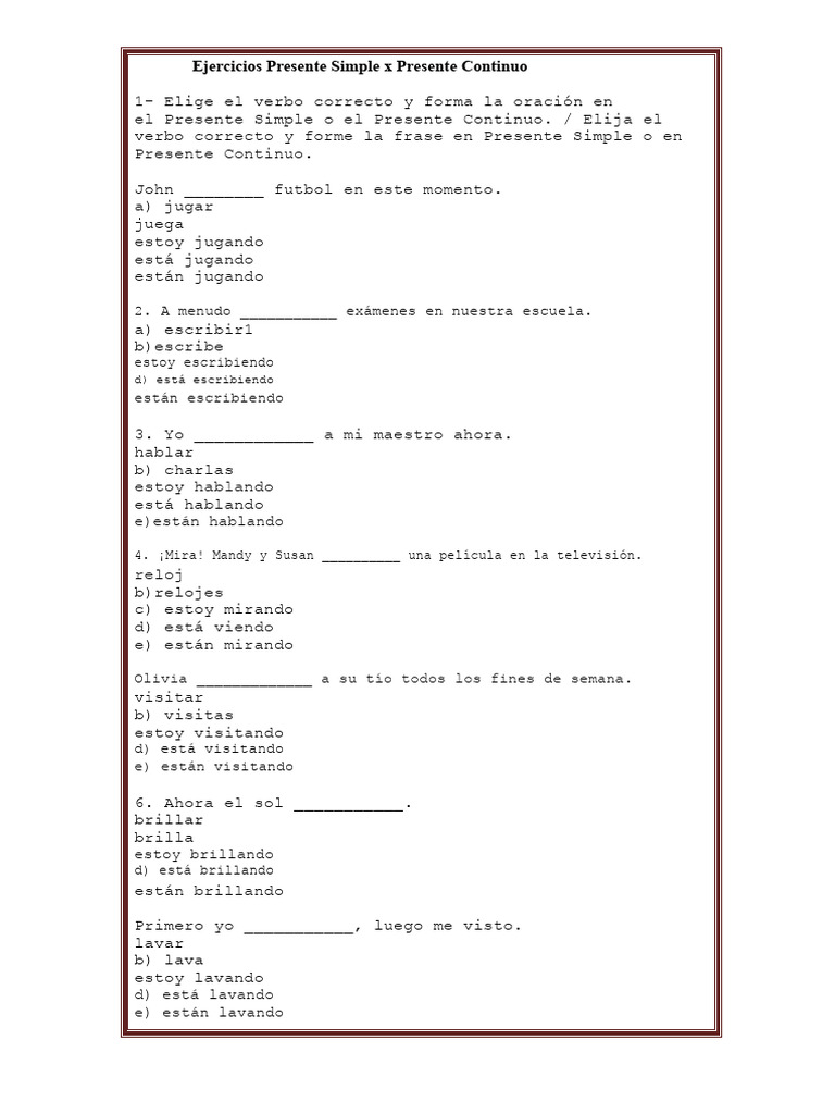 Ejercicios de Presente Simple y Continuo | PDF