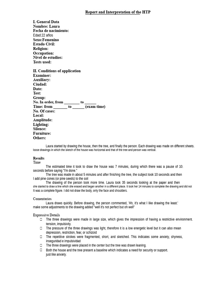 HTP Analysis Report for Laura's Drawings | PDF | Anxiety | Trees