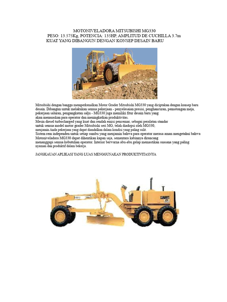 Grader Mitsubishi MG330: Spesifikasi dan Fitur | PDF