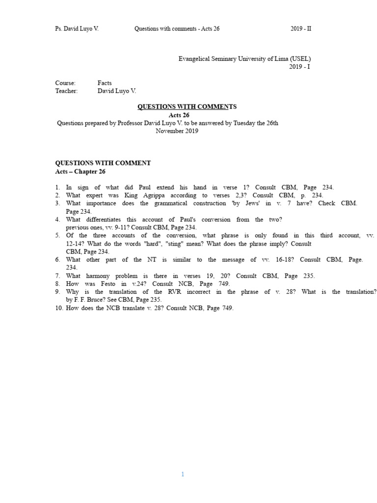 Questions With Comments Acts 26 | PDF