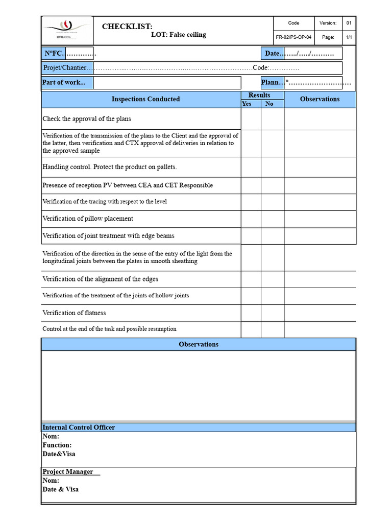 False Ceiling Inspection Checklist | PDF