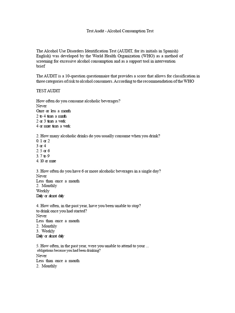 AUDIT Alcohol Consumption Test Guide | PDF | Alcoholism | Medical ...
