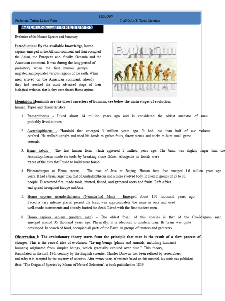 CLASS 03 - Evolution of The Human Species and Summary | PDF | Homo | Human