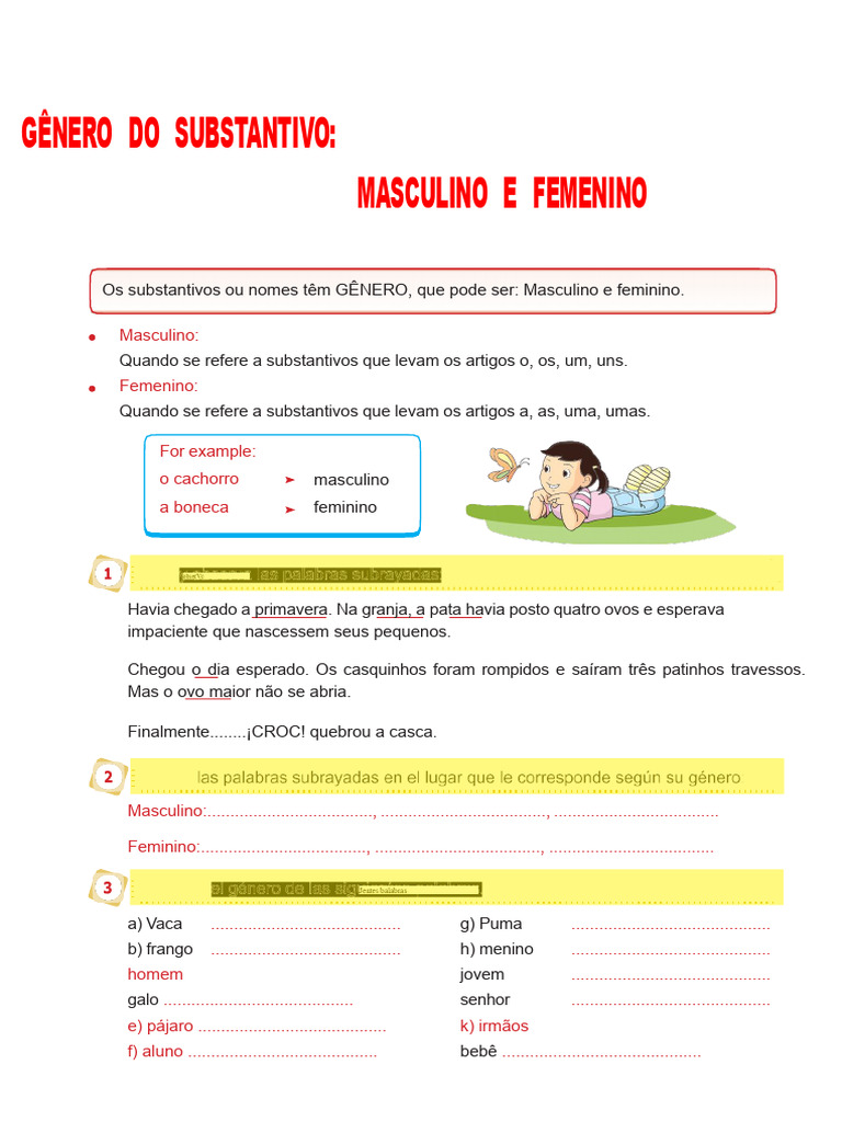 Gênero Do Substantivo Masculino e Feminino para o Segundo Ano Do Ensino ...